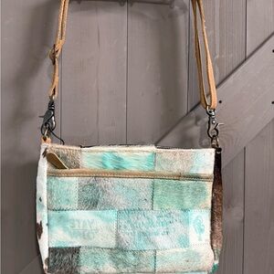 Myra Bag Patchwork Hide Crossbody — Mint/Brown Western Boho